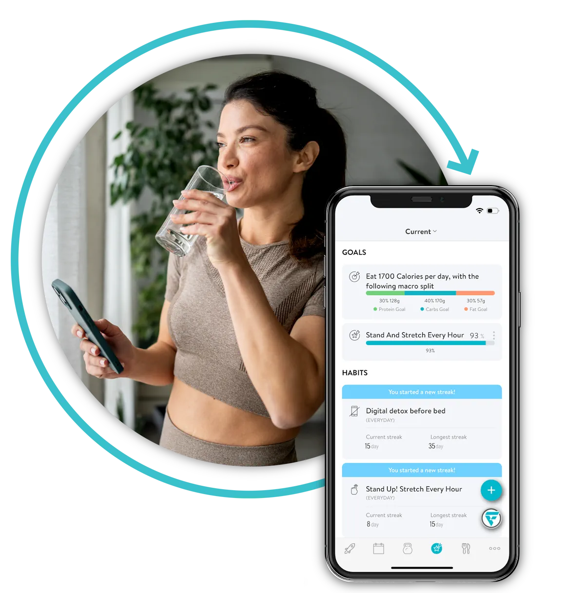 A woman drinks water after a workout with the Forge app on a mockup phone in the foreground.